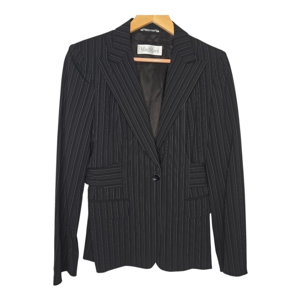 Max Mara Womens Black Purple Pinstripe Virgin Wool Woolmark Blend Blazer 12